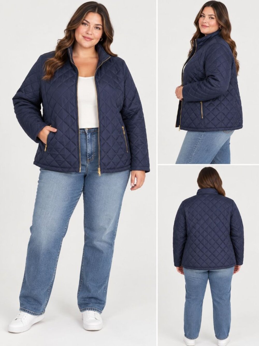Old Navy Quilted Jacket Women 2X Navy Blue Gold Zip Plus Size Lightweight Coat